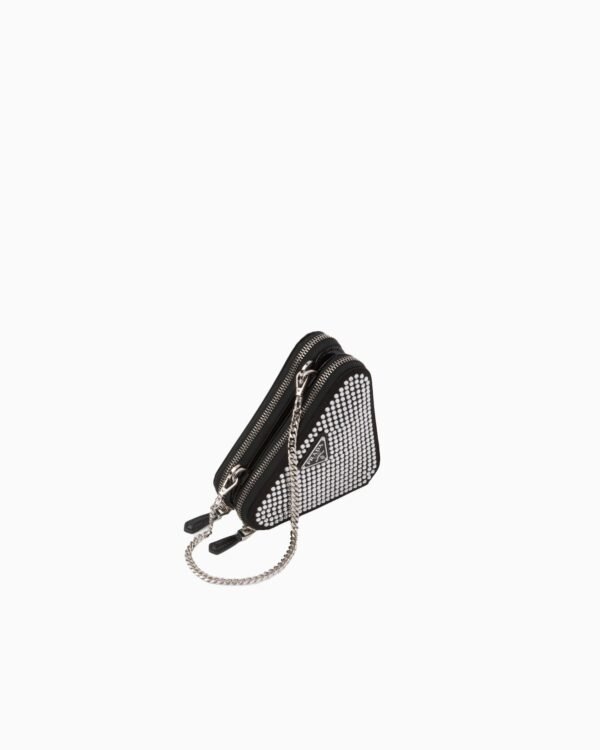 Embellished satin and leather mini-pouch